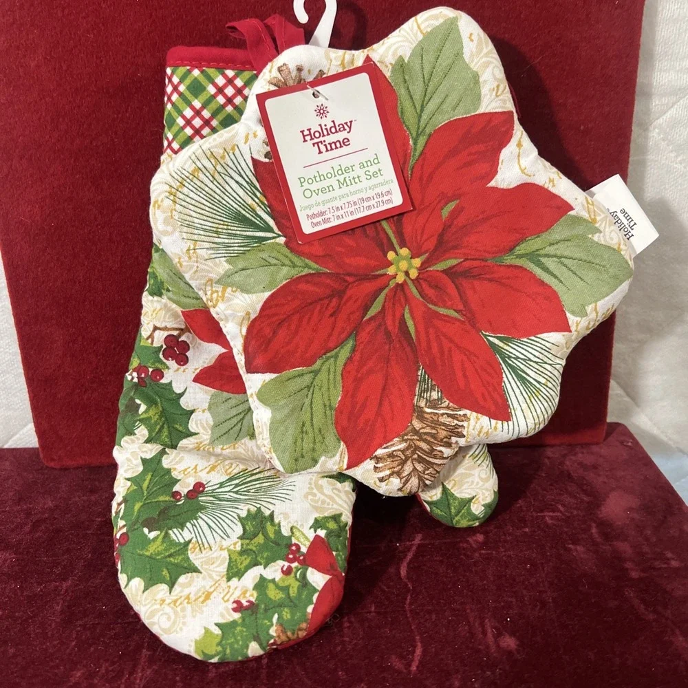 Holiday Time Christmas POINTSETAS  Oven Mitt‎ & Hot Pad New